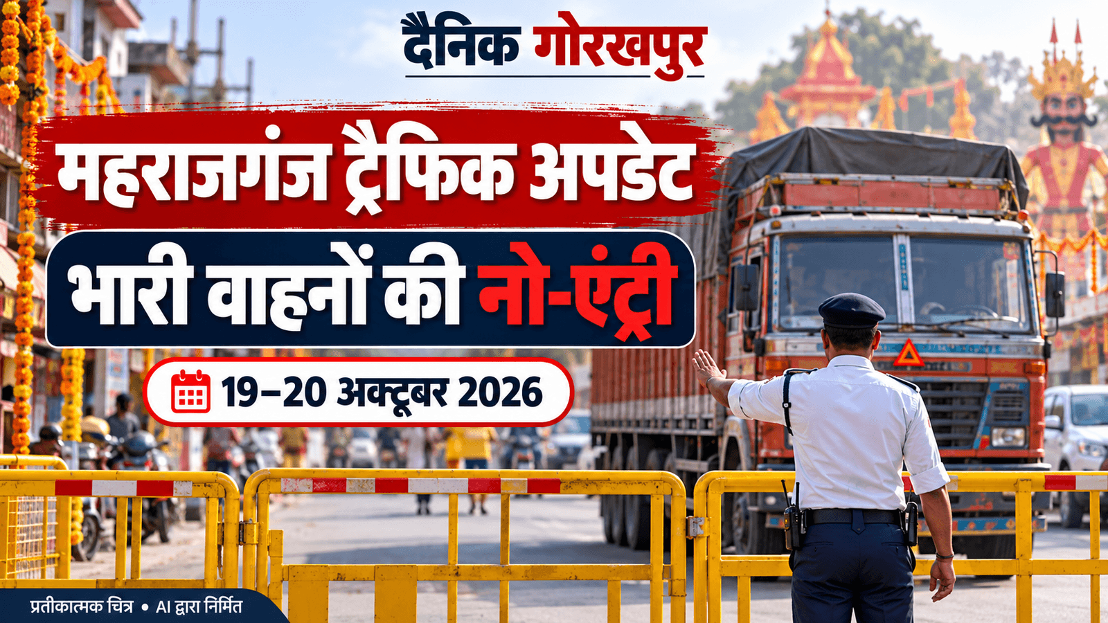 महराजगंज में भारी वाहनों की नो-एंट्री और यातायात व्यवस्था दर्शाता AI निर्मित प्रतीकात्मक चित्र।